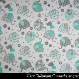 Tissu "éléphants" dans les tons menthe, gris et blanc