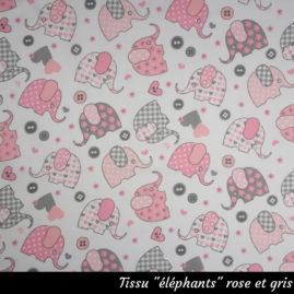 Tissu "éléphants" dans les tons rose, gris et blanc